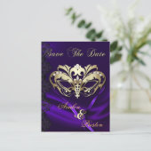 Gold Masquerade Purple Jewel Save The Date Announcement Postcard (Standing Front)