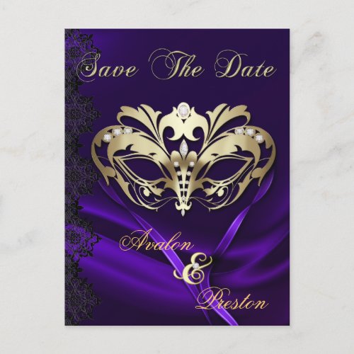 Gold Masquerade Purple Jewel Save The Date Announcement Postcard