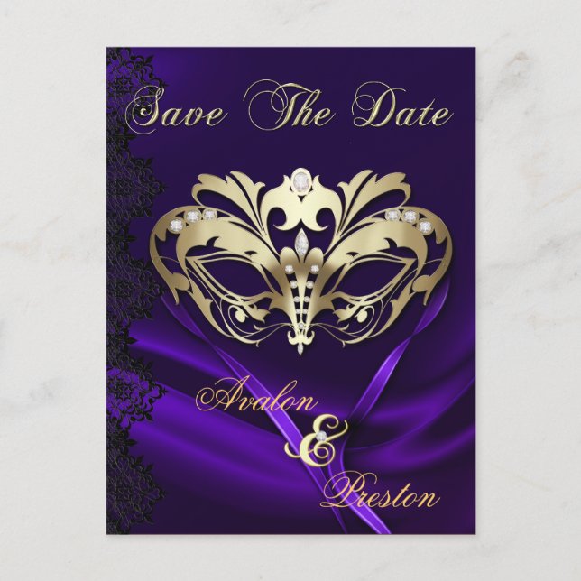 Gold Masquerade Purple Jewel Save The Date Announcement Postcard (Front)