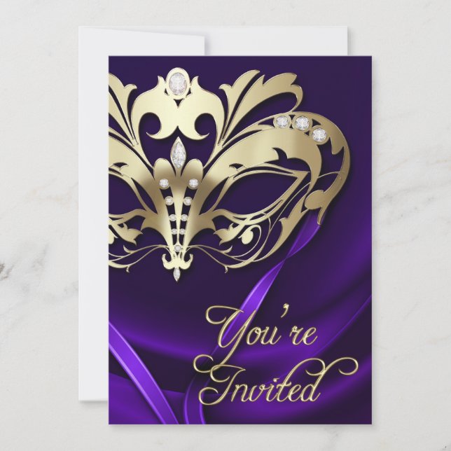 Gold Masquerade Purple Jeweled Party Invitation (Front)