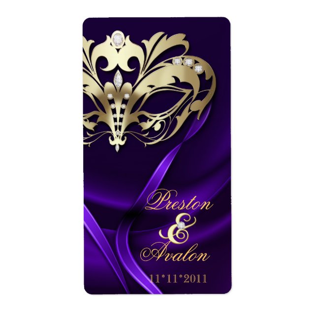 Gold Masquerade Purple Jeweled Wedding Wine Label (Front)