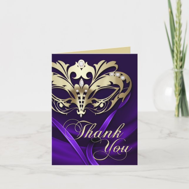 Gold Masquerade Purple Thank You Card (Front)
