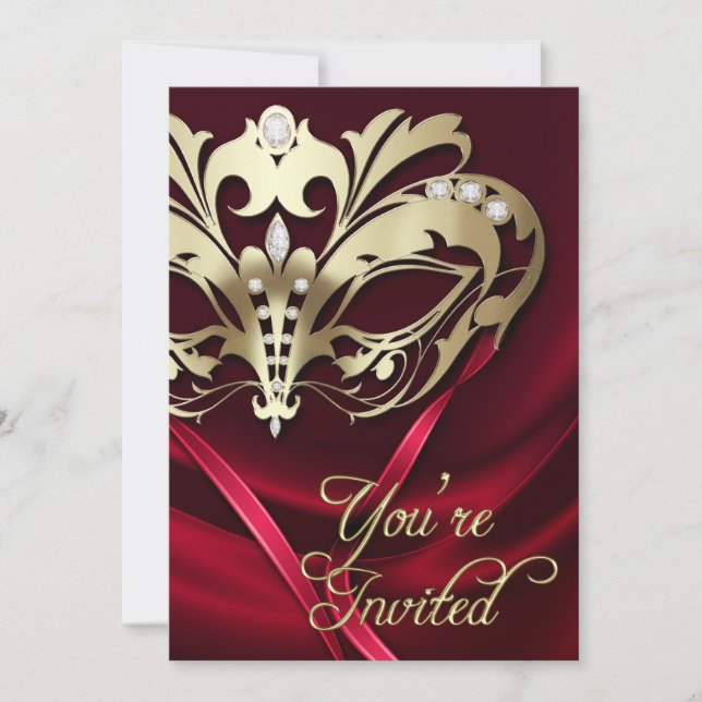Gold Masquerade Red Jeweled Party Invitation (Front)