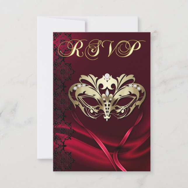 Gold Masquerade Red Jeweled RSVP Invitation (Front)