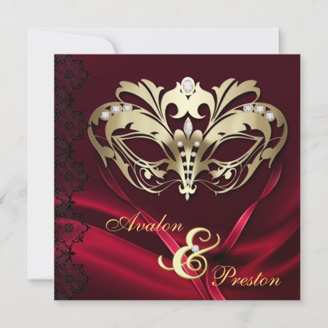 Gold Masquerade Red Jeweled Wedding Invitation (Front)