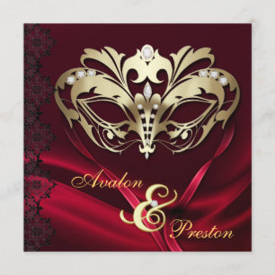 Gold Masquerade Red Jeweled Wedding Invitation