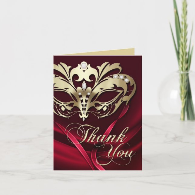 Gold Masquerade Red Thank You Card (Front)