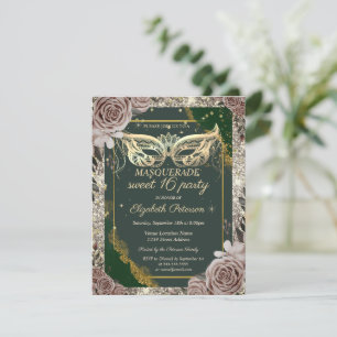 Gold Masquerade Roses Glitter Green Sweet 16  Invitation