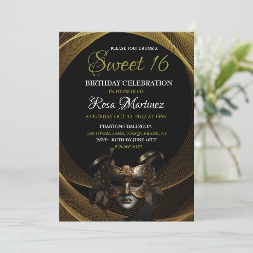 Gold Masquerade Sweet 16 Invitation