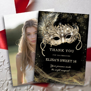 Gold Masquerade Sweet 16 Photo Thank You Card