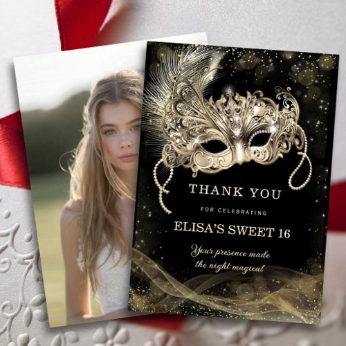 Gold Masquerade Sweet 16 Photo Thank You Card