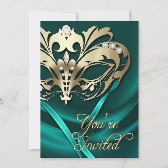 Gold Masquerade Teal Jeweled Party Invitation (Front)