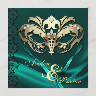 Gold Masquerade Teal Jeweled Wedding Invitation