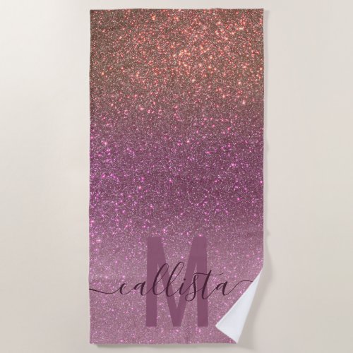 Gold Mauve Purple Sparkly Glitter Ombre Monogram Beach Towel