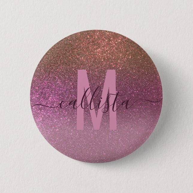 Gold Mauve Purple Sparkly Glitter Ombre Monogram Button (Front)