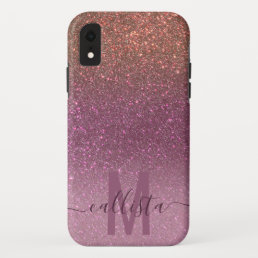 Gold Mauve Purple Sparkly Glitter Ombre Monogram iPhone XR Case