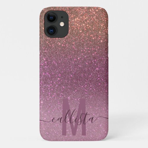 Gold Mauve Purple Sparkly Glitter Ombre Monogram iPhone 11 Case