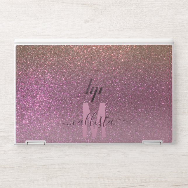 Gold Mauve Purple Sparkly Glitter Ombre Monogram HP Laptop Skin (Front)