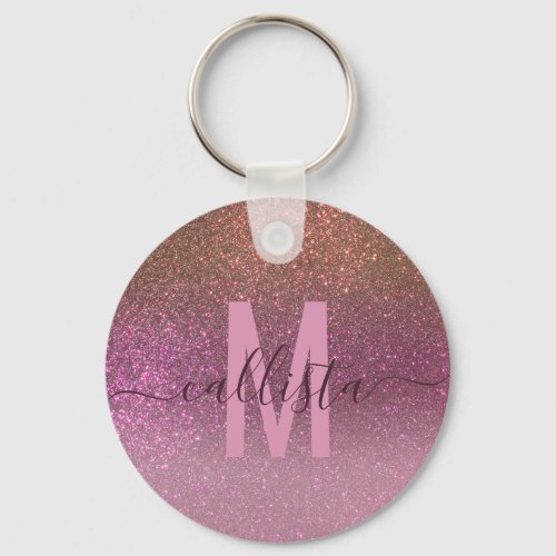 Gold Mauve Purple Sparkly Glitter Ombre Monogram Keychain