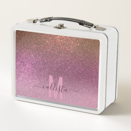 Gold Mauve Purple Sparkly Glitter Ombre Monogram Metal Lunch Box