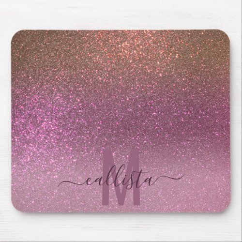 Gold Mauve Purple Sparkly Glitter Ombre Monogram Mouse Pad