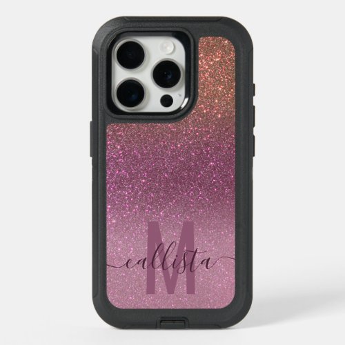 Gold Mauve Purple Sparkly Glitter Ombre Monogram iPhone 15 Pro Case