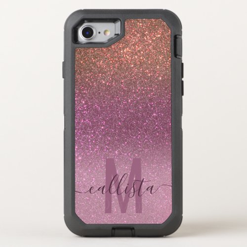 Gold Mauve Purple Sparkly Glitter Ombre Monogram OtterBox Defender iPhone SE87 Case