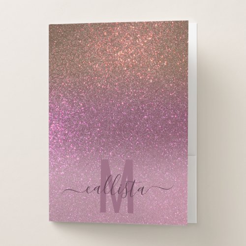 Gold Mauve Purple Sparkly Glitter Ombre Monogram Pocket Folder