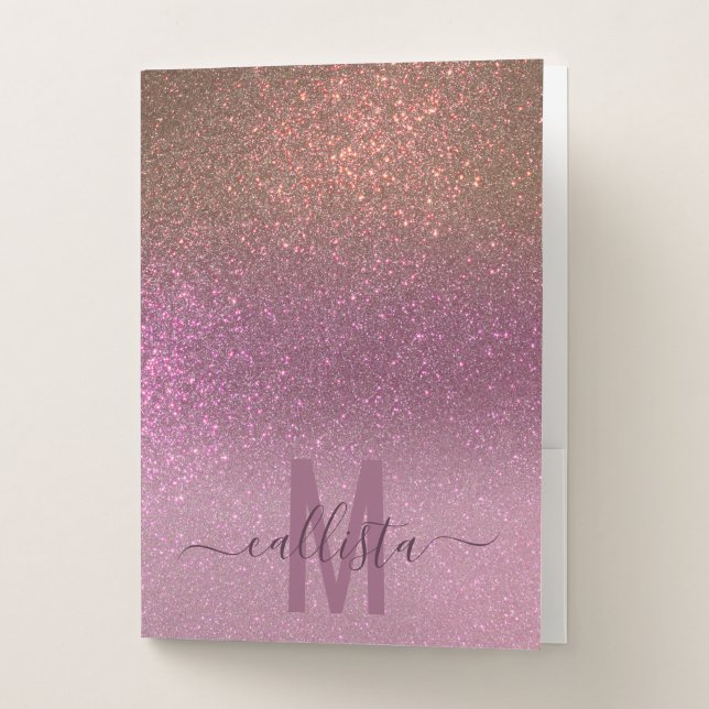 Gold Mauve Purple Sparkly Glitter Ombre Monogram Pocket Folder (Front)