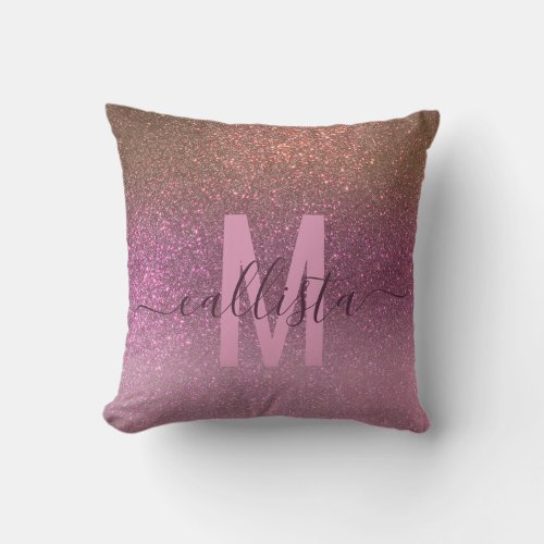 Gold Mauve Purple Sparkly Glitter Ombre Monogram Throw Pillow