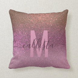 Gold Mauve Purple Sparkly Glitter Ombre Monogram Throw Pillow