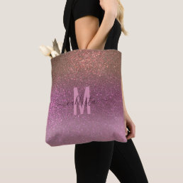 Gold Mauve Purple Sparkly Glitter Ombre Monogram Tote Bag