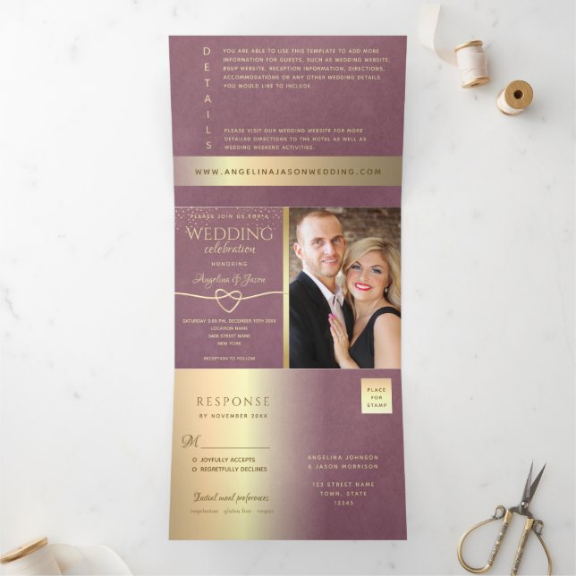 Gold Mauve Purple Wedding Tri-Fold Invitation (Inside)