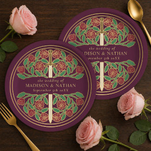 Gold Mauve Royal Medieval Floral Sword Wedding Paper Plates