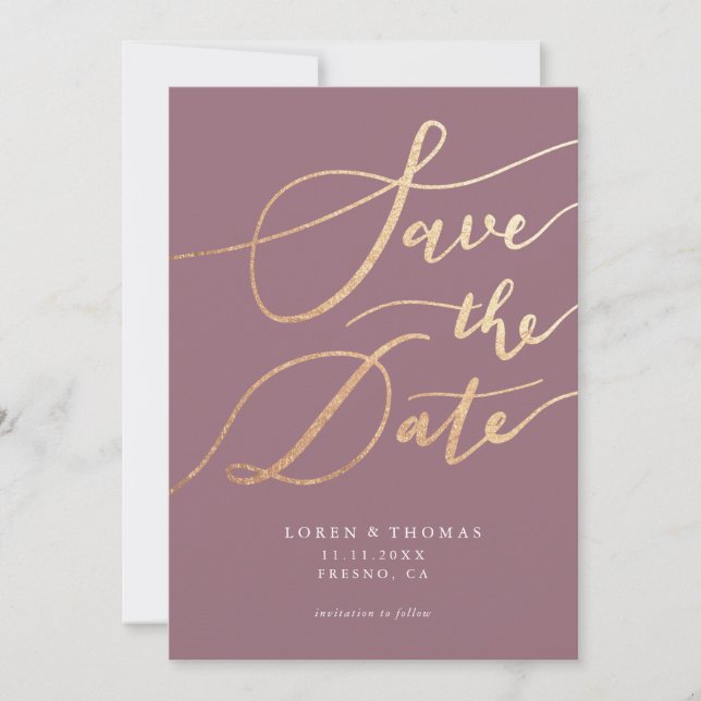 Gold Mauve Script Typography Save The Date (Front)