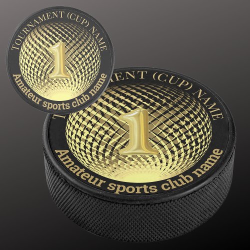 Gold medal 1st place winner hockey team  hockey puck