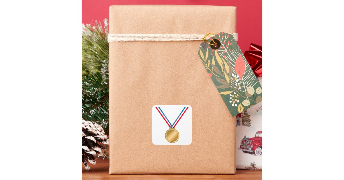 Sticker Award Red Gold Medal Award with Red White Blue Ribbon Square Sticker | Zazzle