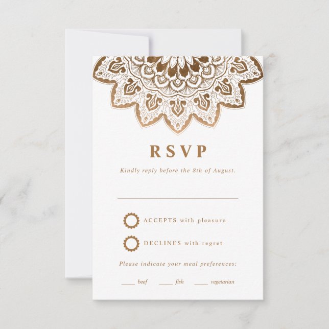 Gold Medallion Elegant Mandala Wedding RSVP Card (Front)