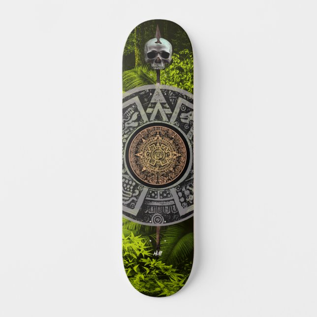 Gold Medallion Mayan Calendar Warrior Skull Jungle Skateboard (Front)