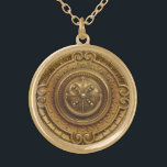 Gold Medallion Plated Necklace<br><div class="desc">Medium gold-finished necklace with an image of an ornate gold medallion believed to be ancient. See matching round button,  round charm,  drop earrings,  stud earrings,  large round premium metal keychain,  swirl metal keychain and wrist watch. See the entire Gemstones & Medallions Necklace collection in the ACCESSORIES section.</div>