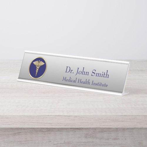 Gold Medical Caduceus Blue Professional Desk Name Plate