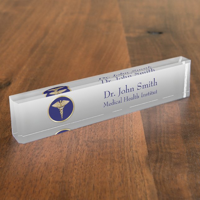 Gold Medical Caduceus Blue Professional Desk Name Plate (Side)