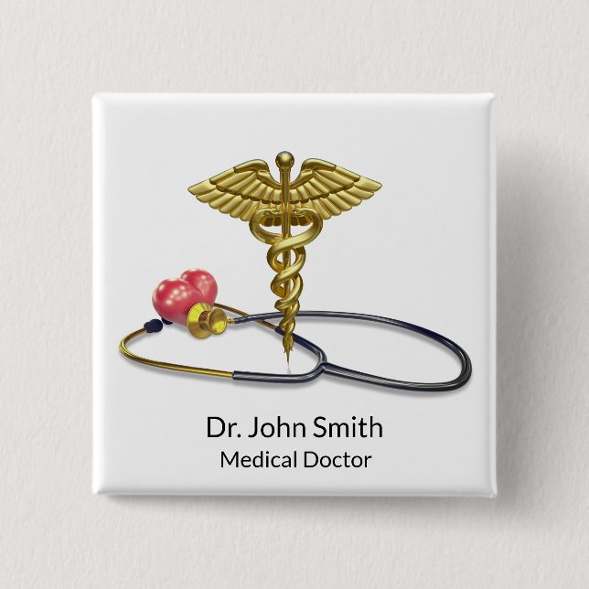 Gold Medical Caduceus & Stethoscope with Heart Button (Front)