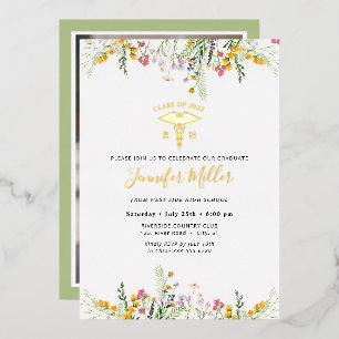Gold Medical Nursery Graduation Wildflowers Foil Invitation