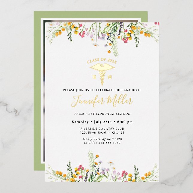 Gold Medical Nursery Graduation Wildflowers Foil Invitation (Front/Back)