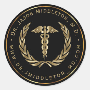 Gold Medical Symbol on Black Classic Round Sticker