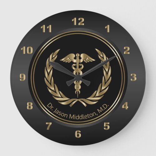 Gold Medical Symbol on Black Large Clock