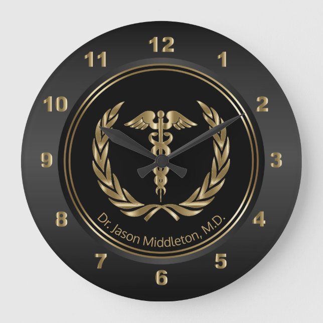 Gold Medical Symbol on Black Large Clock (Front)