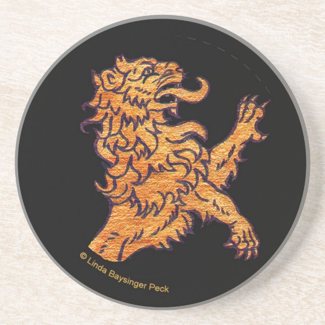 Gold Medieval Lion on Black Sandstone Coaster (Front)