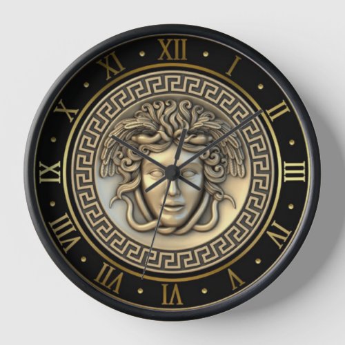 Gold Medusa Gorgon Greek Key Roman Numeral Clock